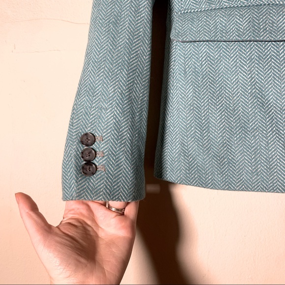 Loft wool mix blue and white herringbone blazer button front pocket sz 4 stylish - Picture 6 of 9